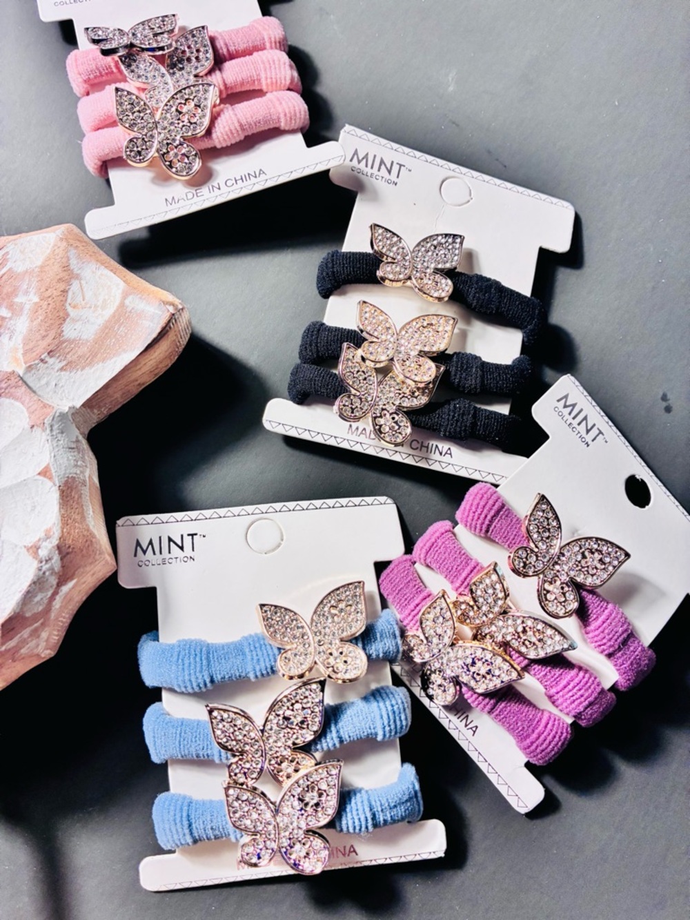 Mint Crystal Butterfly Hair Ties - Pink, Black, Blue, Purple